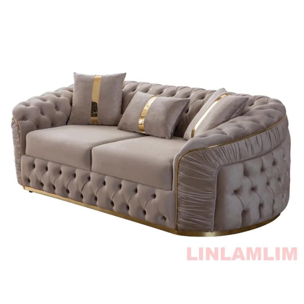 Luxury Chesterfield Sectional Sofa Set with Cloth Buttons and Fabric Modular Couch with Gold Stainless Steel Base, 3-seater Sofa