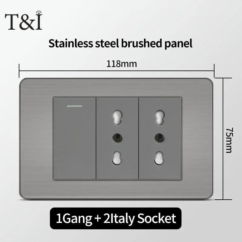 118 US Mexico Grey Stainless Steel Brushed 2way Electrical Light Switch Home Wall Socket Plug Double USB Type-C Power Outlet