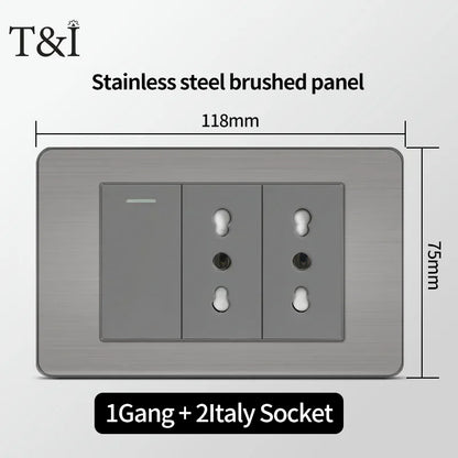 118 US Mexico Grey Stainless Steel Brushed 2way Electrical Light Switch Home Wall Socket Plug Double USB Type-C Power Outlet