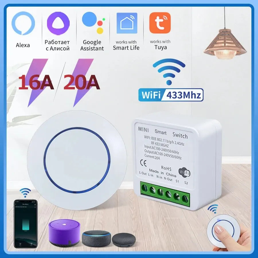 Tuya Smart Wifi Switch RF433Mhz Wireless Light Switch 16A/20A Relay Smart Life App Remote Voice Control With Alexa Google Home