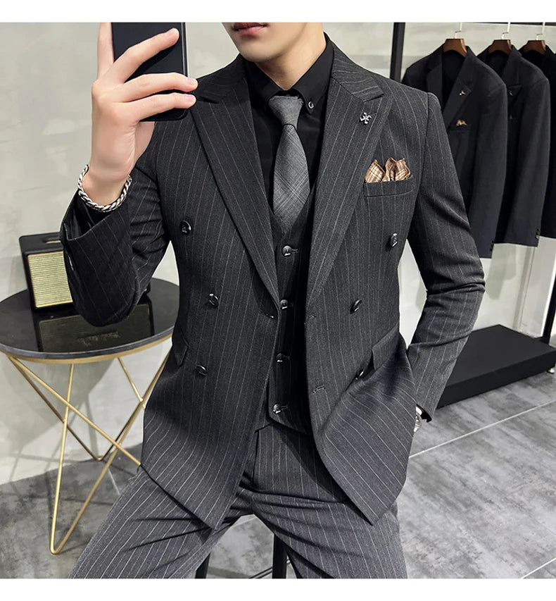 Slim Fit Double-breasted Striped Suit Vest Trousers 3-Piece Set Korean Fashion M-7XL Men's Fashionable Striped Three-piece Suit