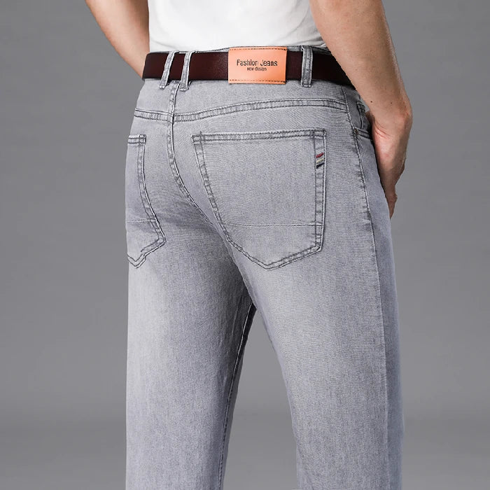 2026 Summer Brand Business Casual Men's Straight Denim Softener Lightweight Jeans Classic Embroidered Cotton Stretch Thin Pants