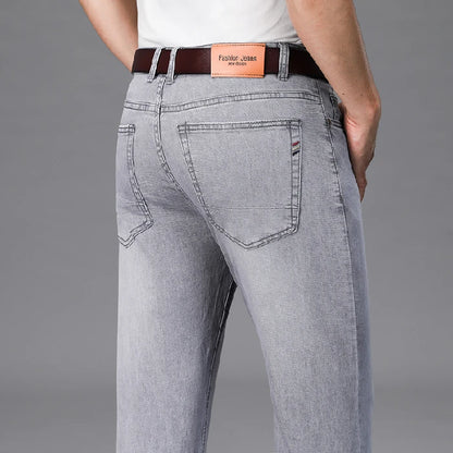 2026 Summer Brand Business Casual Men's Straight Denim Softener Lightweight Jeans Classic Embroidered Cotton Stretch Thin Pants