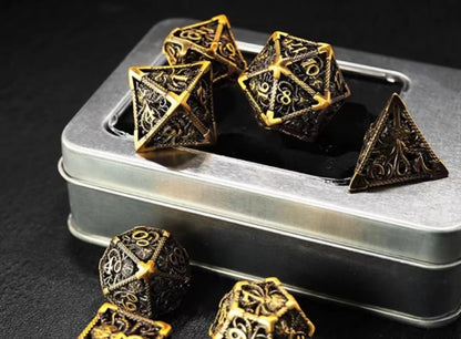 7 Pcs Cosplay D4-D20 DND Brass Gold Polyhedral Sharp Edge Casino Dice Rpg Table Board Game Tray Gem Stone Dragon Metal Steel Set