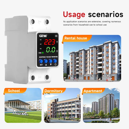 GEYA Din Rail Adjustable Over Voltage Under Voltage Protection Device 40A 63A 80A 220VAC Digital Display Voltage Protector