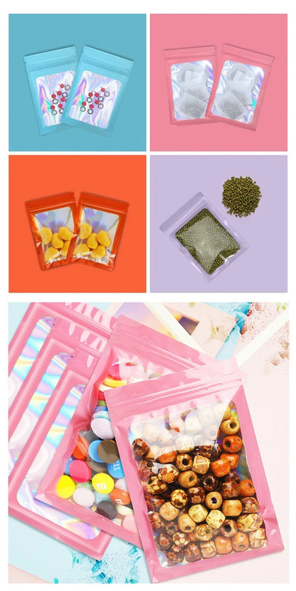 50pcs pack Mylar Bags Laser Color Plastic Packaging Mini Pouch Resealable ZipLock Smell Proof Coffee Herb Powder
