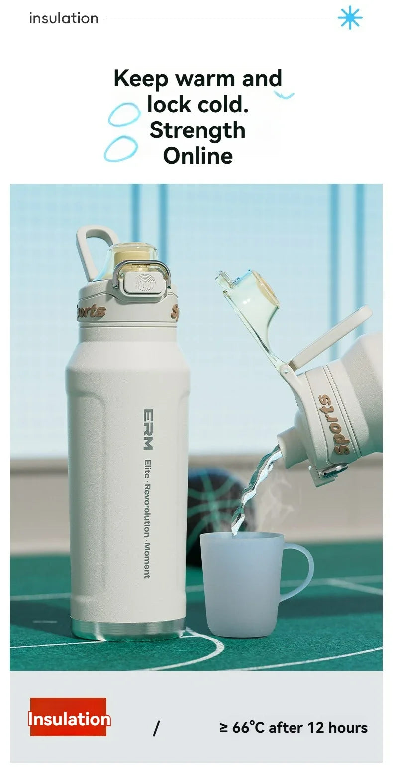 1L Stainless Steel Thermos Bottle, Iced & Heat Insulated Cup, Hiking Cycling Fitness Vacuum Flask with Handle