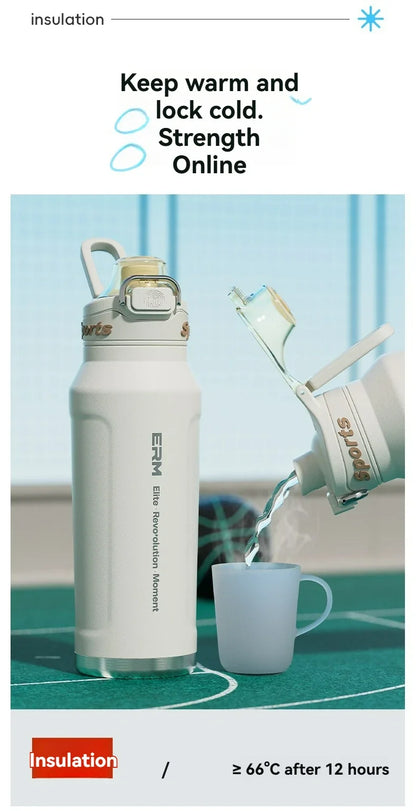 1L Stainless Steel Thermos Bottle, Iced & Heat Insulated Cup, Hiking Cycling Fitness Vacuum Flask with Handle