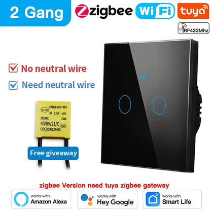 Tuya Wifi/Zigbee RF433 EU Smart Wall Switch 1/2/3/4 Gang Touch Sensor Button No-Neutral Wire,Voice With Alexa Google Home