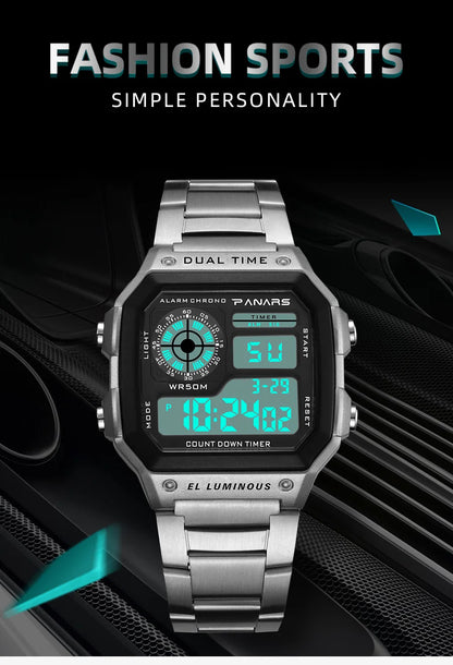 PANARS Top Luxury Stainless Steel Strap Sport Watches Mens Waterproof Back Light Digital Wristwatch Male Alarm