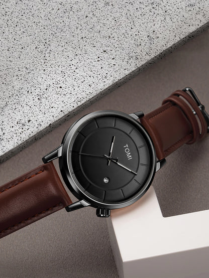 TOMI New 2PCS Casual Fashion Men Watch Gift Box Set Luxury Round Large Dial Calendar Men Quartz Watch Glasses Gift Box