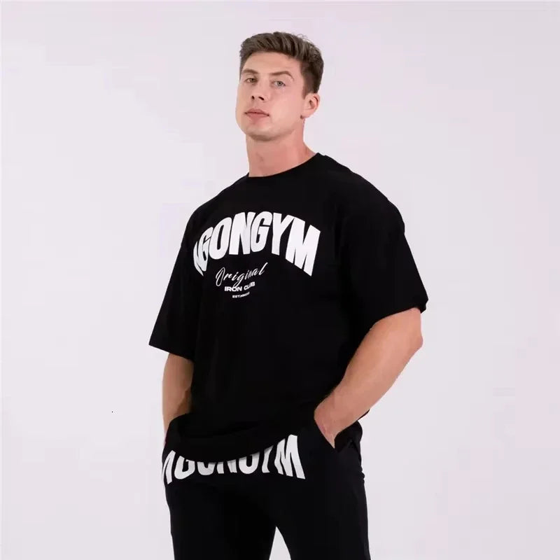Men's White Oversized Gym T-Shirt, Agongym Bold Letter Graphic Print, Casual Workout Streetwear Tee for Lifting