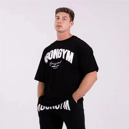 Men's White Oversized Gym T-Shirt, Agongym Bold Letter Graphic Print, Casual Workout Streetwear Tee for Lifting