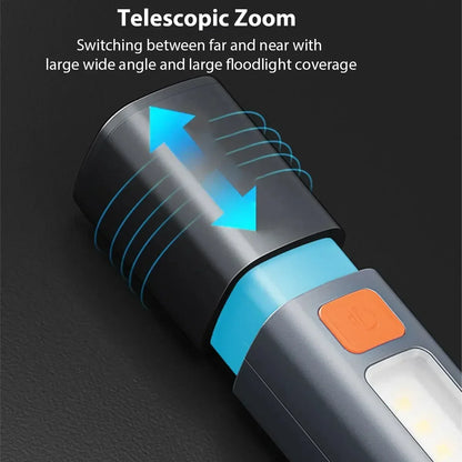 Mini Portable LED Strong Lighting ABS Flashlamp USB Rechargeable With Hook Zoomable Torch Outdoor Camping Hanging Emergency Lamp