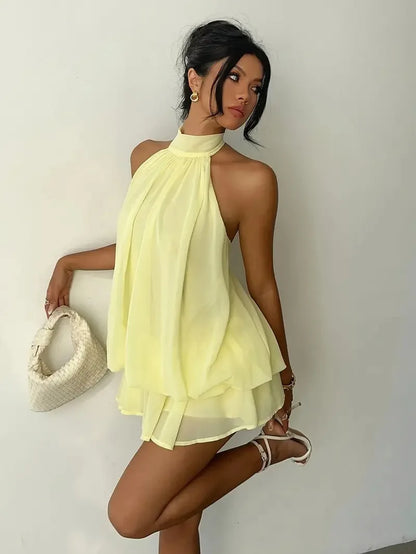 2026 Women's Elegant Halter Neck Sleeveless Ruffled Layered Chiffon Mini Dress Casual Summer Party Dress for Beach Vacation Y2K