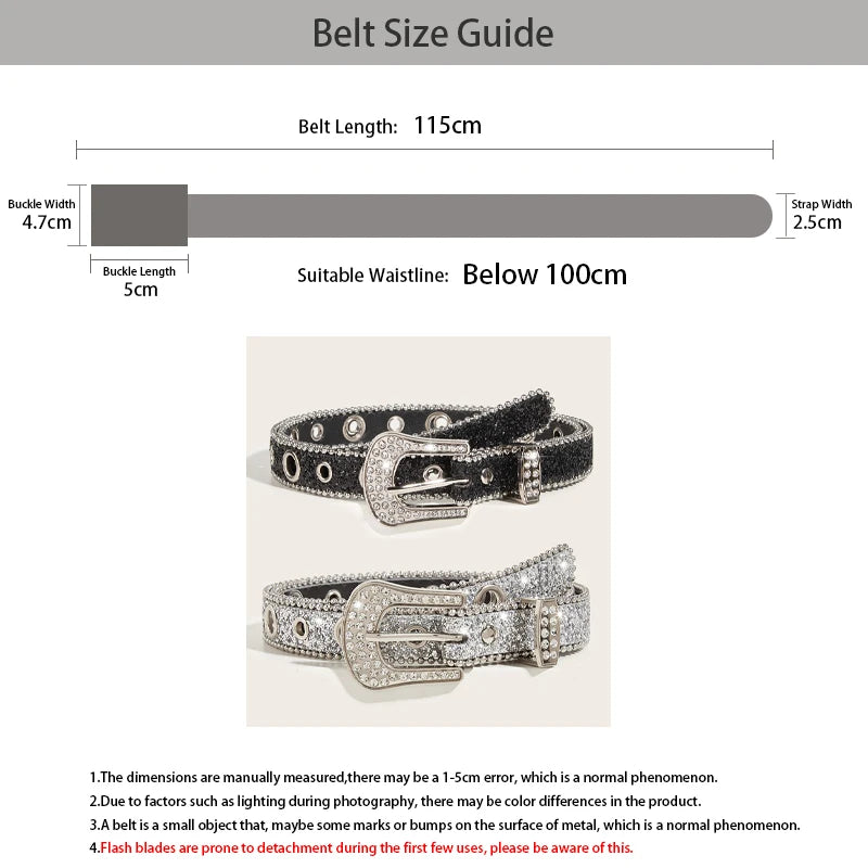 Gothic Black Silver Metal Buckle Rhinestone Belt Luxury Desiner Four Seasons Y2K Womens Jeans Belt Plus Size Men's Waistband