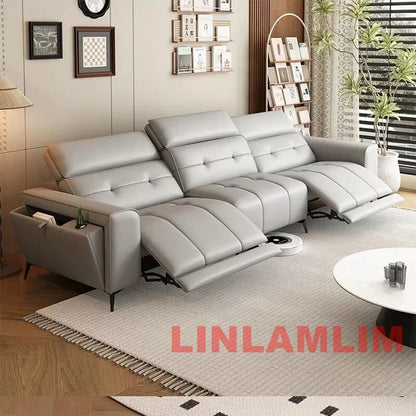 Modern Power Reclining Sofa with Adjustable Headrests – Genuine Leather Recliner Couch with USB, Side Storage and Cup Holders