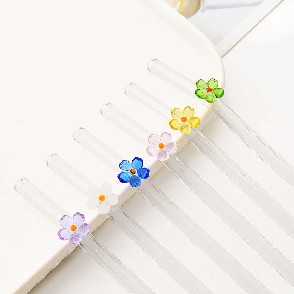 6PCS Reusable Drinking Straws Cute Flower Glass Straws with Cleaning Brush for Coffee Lover Smoothies Frozen Drinks Tea Juice