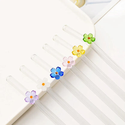 6PCS Reusable Drinking Straws Cute Flower Glass Straws with Cleaning Brush for Coffee Lover Smoothies Frozen Drinks Tea Juice