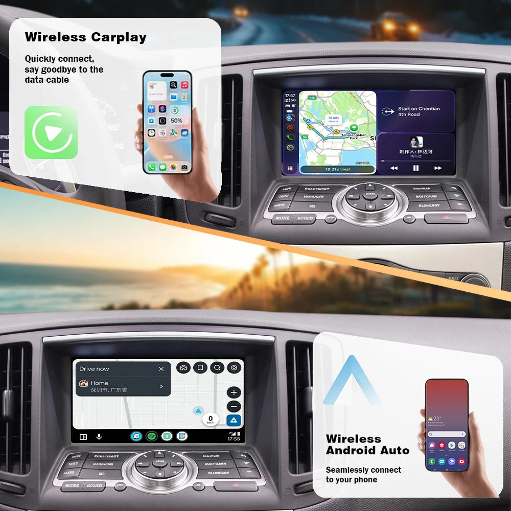 AUTOTOP Wireless CarPlay Android Auto Upgrade Adapter for Infiniti G35 G37 Coupe Sedan G M EX FX JX QX Series 2009-2014 Car AI Box, 7 8 inch HD Screen GPS Airplay BT, SWC Steering Wheel Control, Keep Original Factory System M