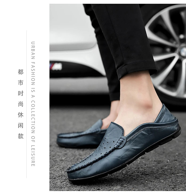 Men's Driving Shoes Large Size Loafers Hollow out Casual Bean Bean Shoes Leather Slip-On Footwear for Men