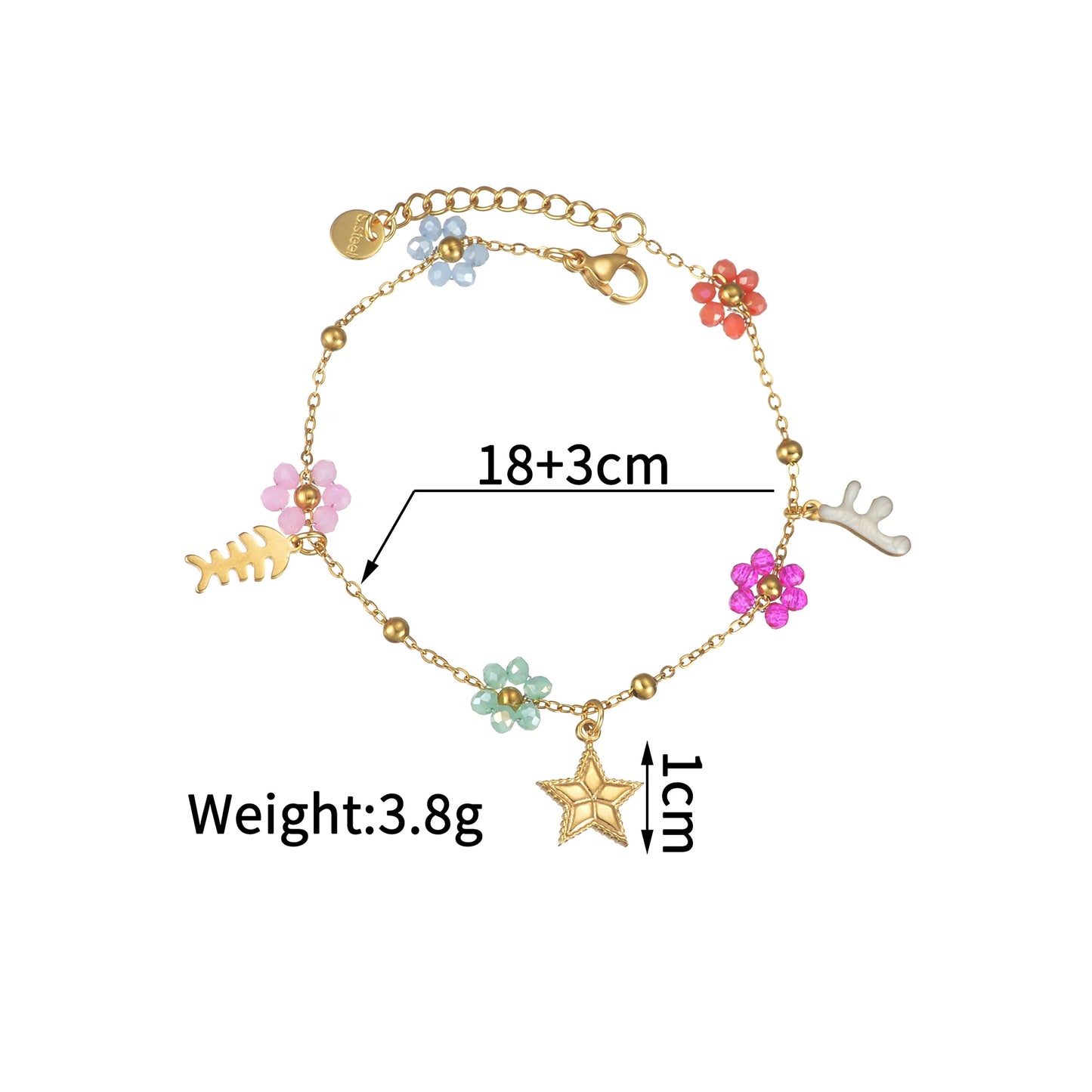 Freeteeme Fashion Colorful Flower Bracelet for Women Girls Stainless Steel Jewelry Gold Color Beads Chain Valentine's Day Gift
