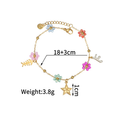 Freeteeme Fashion Colorful Flower Bracelet for Women Girls Stainless Steel Jewelry Gold Color Beads Chain Valentine's Day Gift