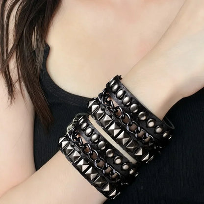 Punk Dark PU Bracelet For Women Men Hip Hop Rock Chain Multi Layered Bracelet Trend Retro Gothic Jewelry Dancer Accessories