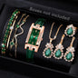 9 Pieces Green Watch for Women Set Fashionable Rectangular Dial Watch Quartz Bracelet Necklace Earrings Set Holiday Gift