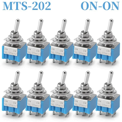 10PCS MTS-102 103 202 203 3Pins 6 Pins Mini Toggle Switch For Switching Lamp Light ON-OFF-ON /ON-ON Switch 6A 125VAC