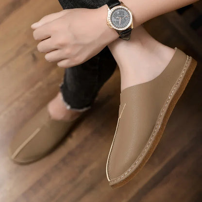 Fashion Leather Men Casual Shoes Slip on Man Loafers Breathable Soft Half Slippers Summer Flats Lightweight Lazy Driving Shoes