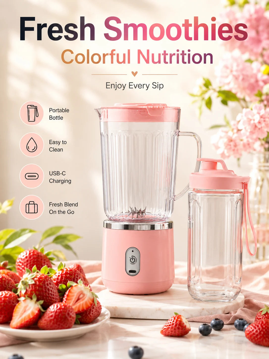 Compact 20cm Mini Portable Blender 800ml Large Capacity USB Charging 304 Steel Blade Smoothie Juicer Cup Easy To Clean