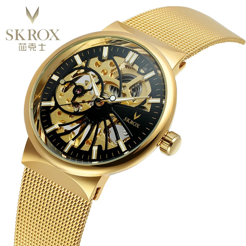 SKROX Luxury Brands Fashion Man Wrist Watches Steel Skeleton Ultra Thin Mechancical Clock Mesh Strap Waterproof Manual Movement