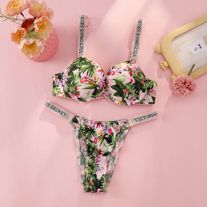 Victoria s Secret Rhinestone Logo Shoulder Straps Lace Underwear Sexy Lingerie Set Push Up Bra And Panties Set For Women