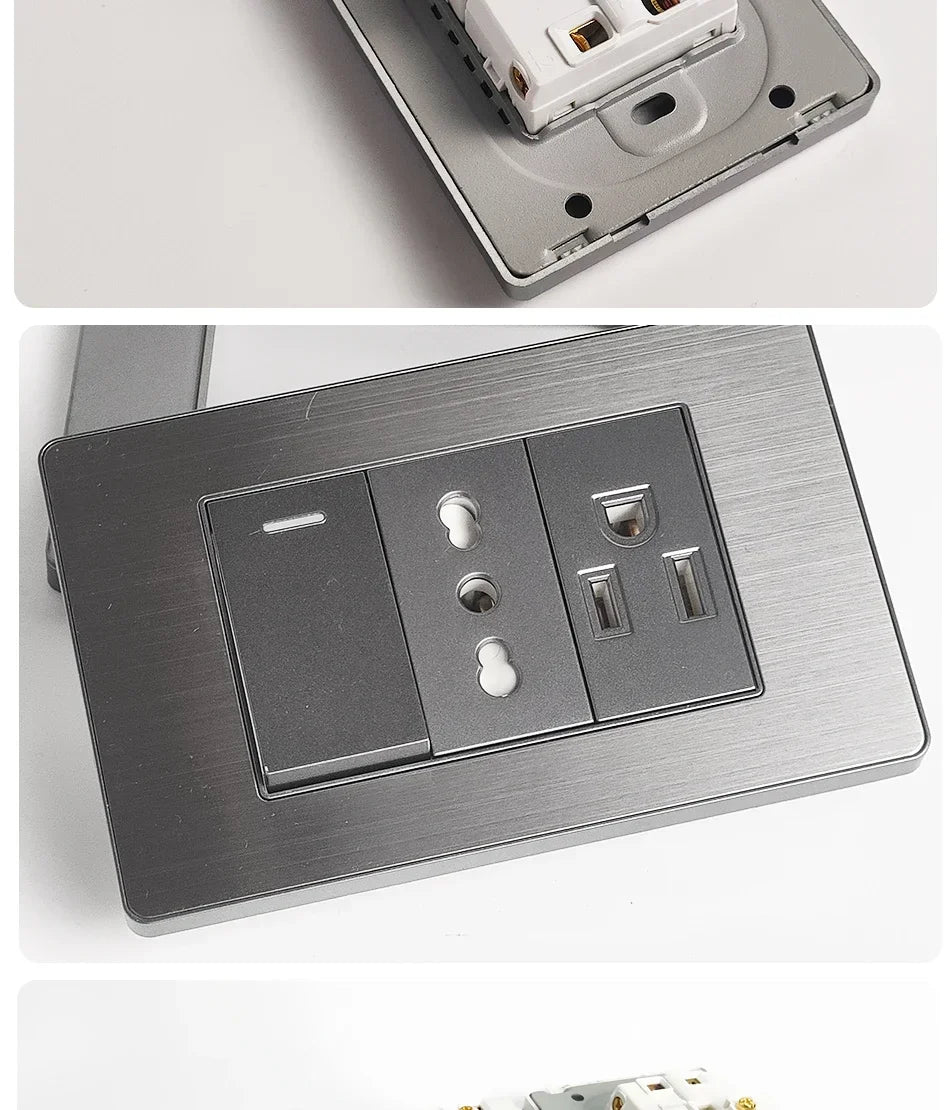 118 US Mexico Grey Stainless Steel Brushed 2way Electrical Light Switch Home Wall Socket Plug Double USB Type-C Power Outlet