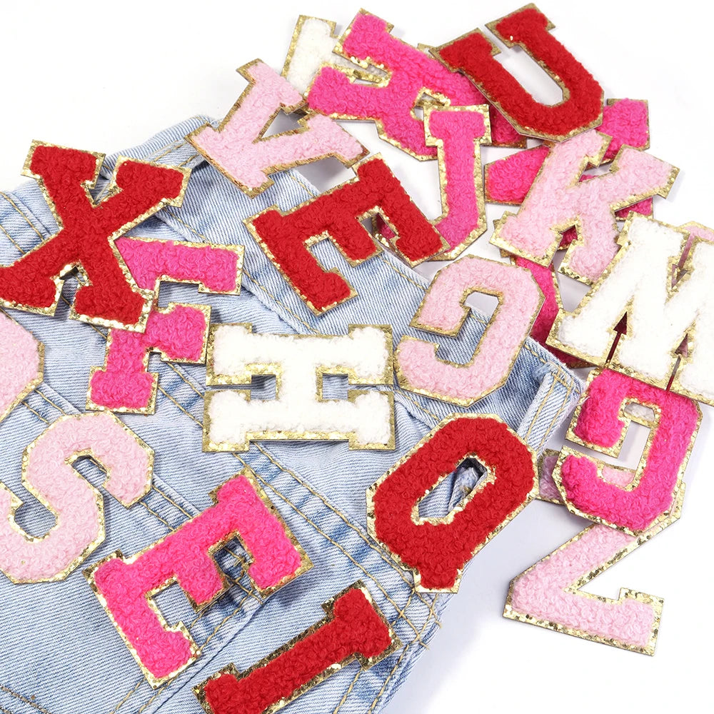 8pcs Sweet 26 Letters Towel Embroidery Patch Pink A-Z Self-adhesive Sticker Decoration For DIY Apparel Bag Crafts Accessories