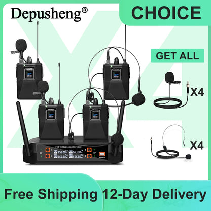 4Channel Wireless Lavalier Microphone Headset Microphone Depusheng X4-CLIP VHF Fixed Dual Frequency Wireless Set For Stage Show