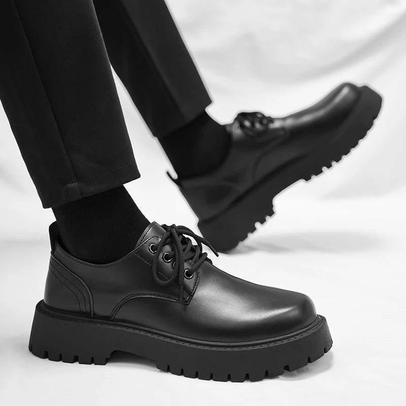 Men Chunky Sole Leather Oxford Shoes, Lace-up Non-slip Formal Footwear for Work, Wedding and Daily Business Occasions