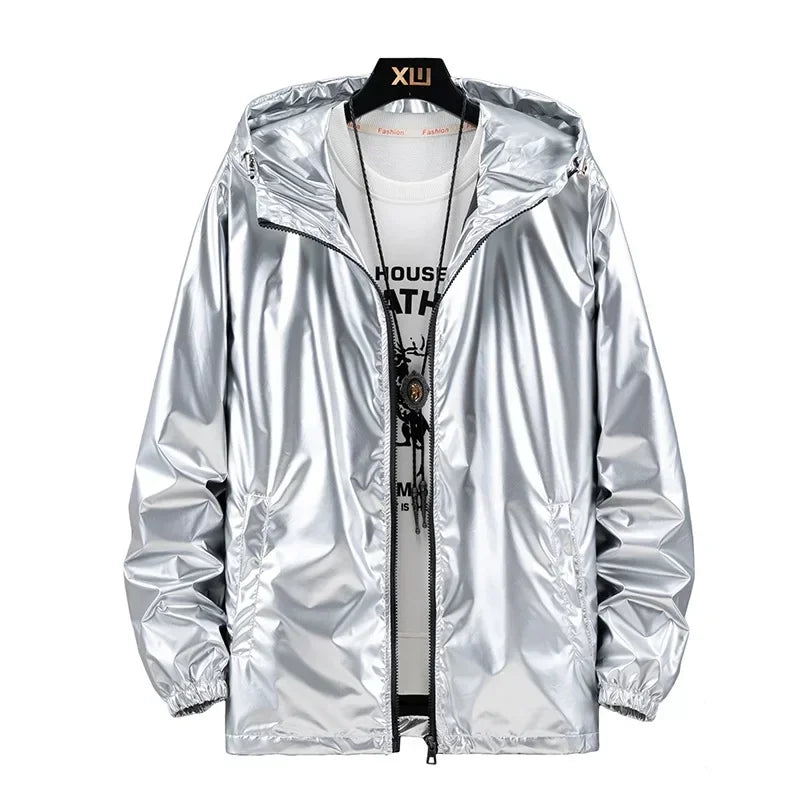 KIDWHXR Autumn Bright Surface Hooded Jackets Man Long Sleeve Zipper Male Coat Windproof Outdoor Sport Casual Men Outerwear