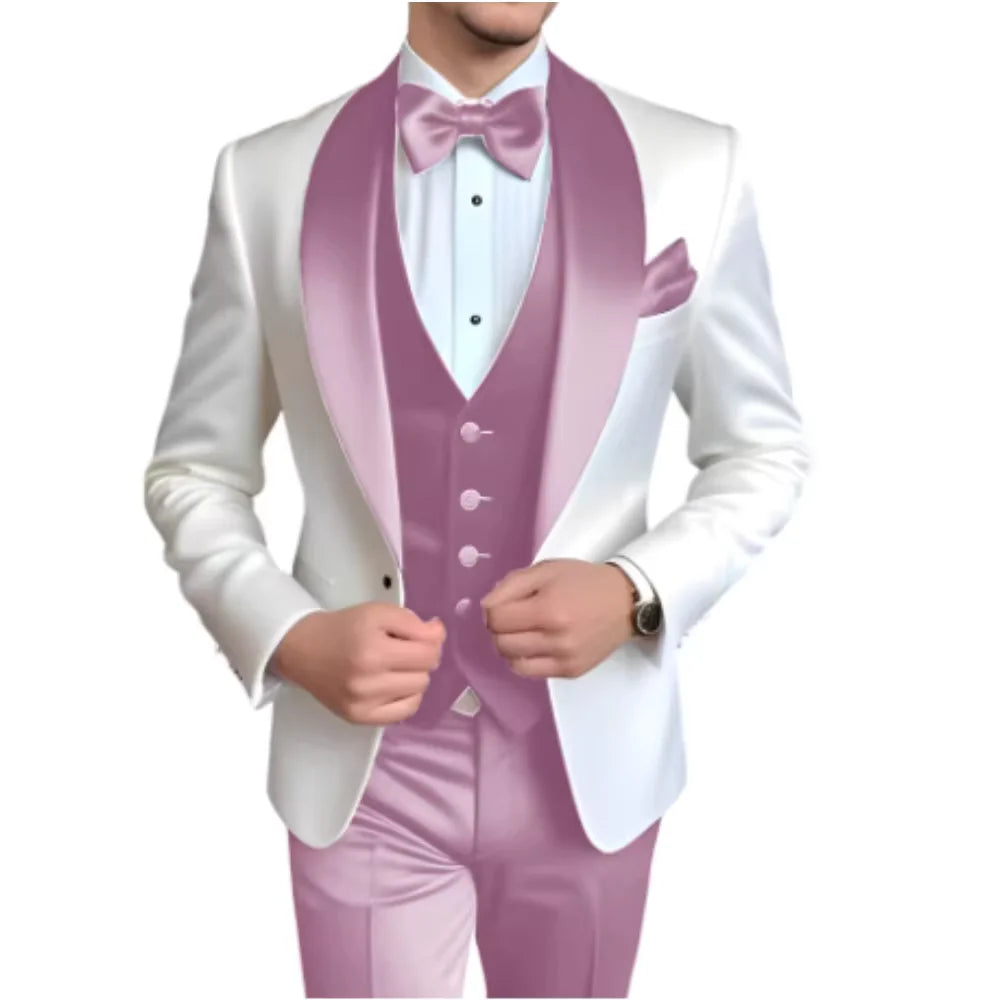 Formal 3 Piece Men's Suits Elegant Full Set Single Breasted Shawl Lapel Blazer Party Outwear Homme Costume（Jacket+Pants+Vest)