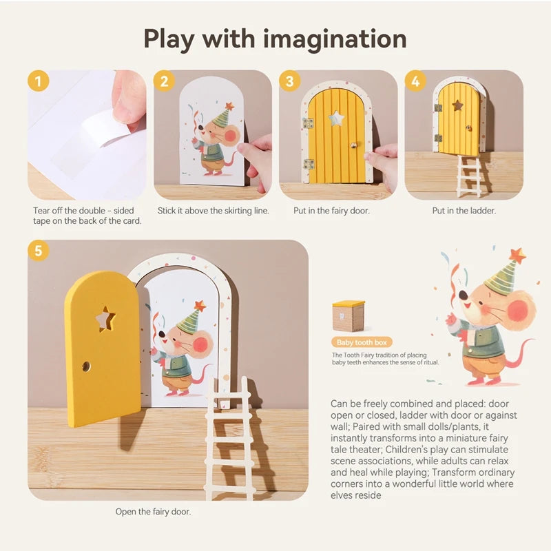 Wooden Elf Door Set Cartoon Room Decor Dollhouse Character Stickers Fairytale-Style Balcony Decor Hanging Ornaments Gift