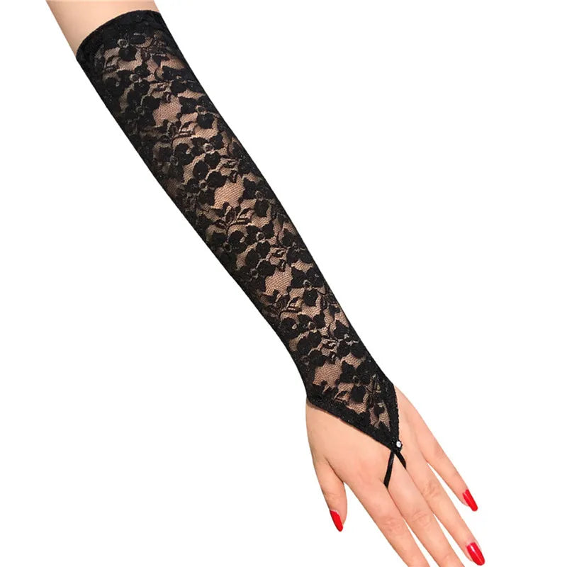 1 Pairs Lace Embroidered Hollow-Out Gloves Women Sun Protection Thin Arm Sleeve Nightclub Sexy Accessories Cosplay Gloves White