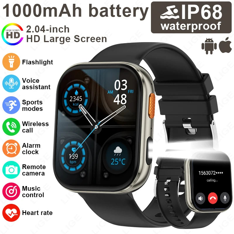 LIGE AMOLED Smart Watch Men 2.04 Screen Bluetooth Call Health Monitor IP68 Waterproof Sport Women Smartwatch New For Android IOS