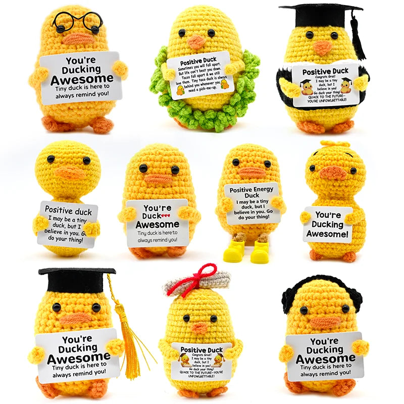 AnimalSeries Positive Energy Cute Duck Crochet Doll Handmade Knitted Decor Ornament with Encouragement Card Mini Desk Decor Gift