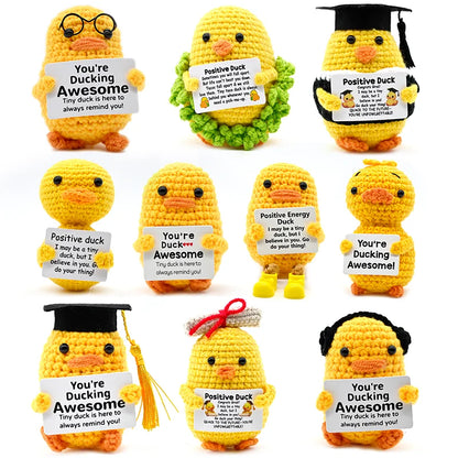 AnimalSeries Positive Energy Cute Duck Crochet Doll Handmade Knitted Decor Ornament with Encouragement Card Mini Desk Decor Gift