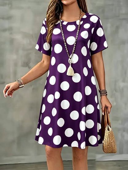 New Summer Women Dress Polka Dots Print Short Sleeve O-Neck  A-Line Dress Casual Loose Beach Sundress