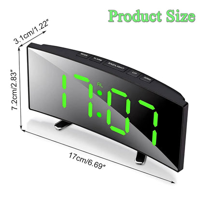 LED Alarm Clock 7'' Mirror Electronic Clock Large Scree Curved Digital Alarm Clock with 5-Min Snooze for Home Bedroom Office