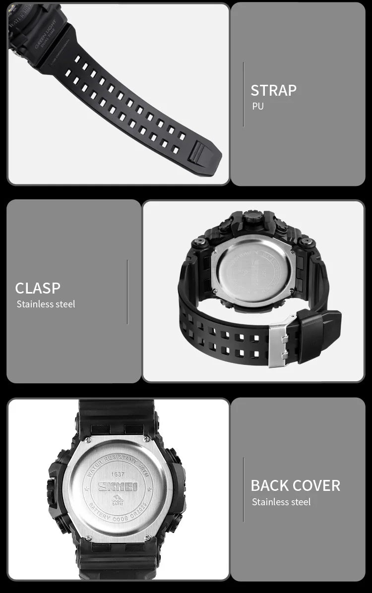 Skmei Dual Movement 3 Time Sport Wristwatch Mens Waterproof Electronic Watches Montre Homme Shockproof Digital Men Watch 1637