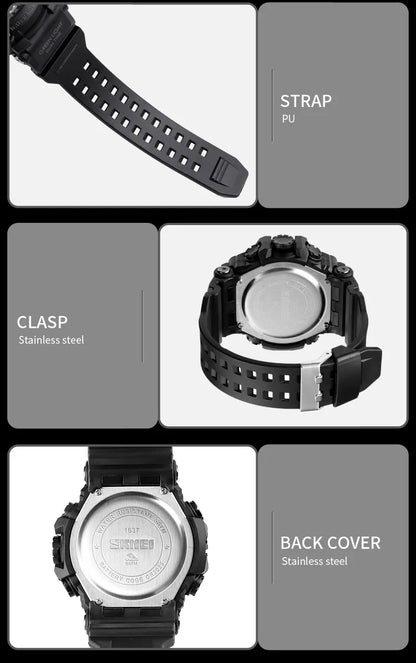 Skmei Dual Movement 3 Time Sport Wristwatch Mens Waterproof Electronic Watches Montre Homme Shockproof Digital Men Watch 1637