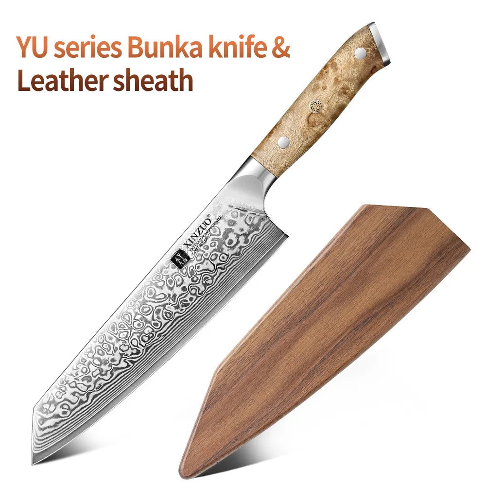 XINZUO Bunka Knife 8.3 Inches 67 Layers Damascus Steel Handcrafted Kitchen Tool Figured Sycamore Wood Handle High-end Gifts